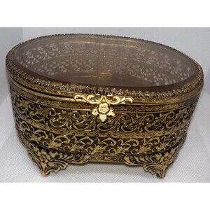 Vintage Mid-Century MCM Hollywood Regency Ornate Brass Amber Glass Jewelry Box